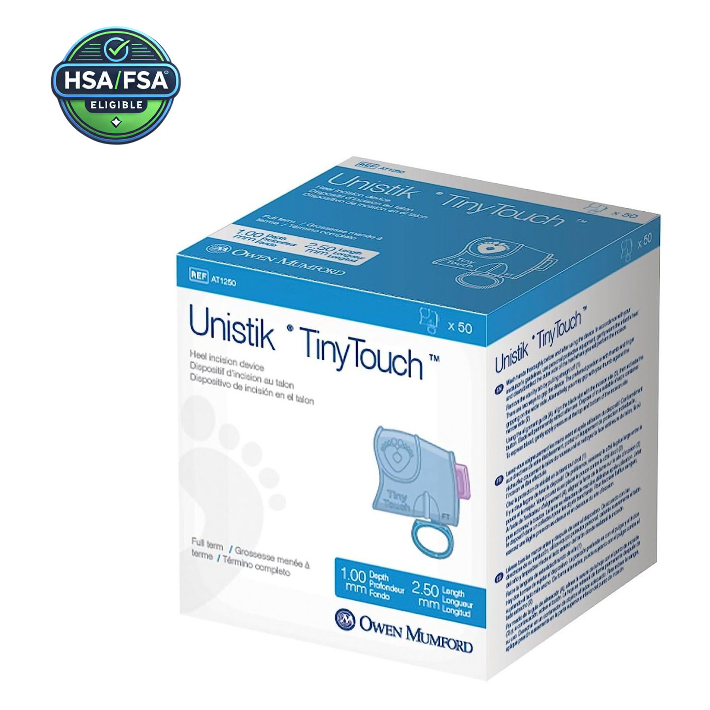 Pediatric lancet Unistik Tiny Touch 2.5 mm blade, retractable with push button activation, designed for heel testing, ideal for diabetes monitoring in children