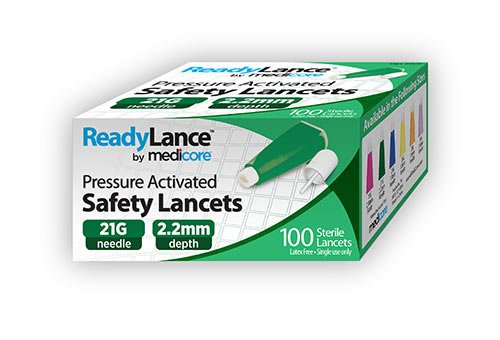 "Safety Lancet ReadyLance™ 21 Gauge Retractable Pressure Activated Finger diabetes product for safe blood glucose testing"