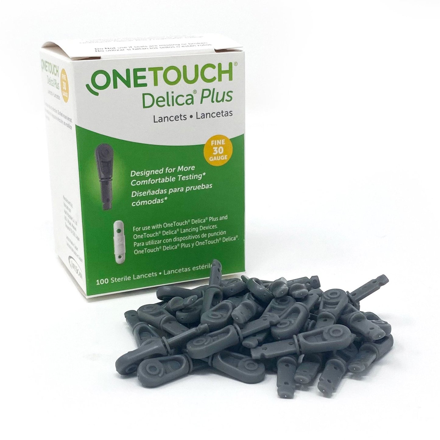 Onetouch Delica 30G diabetic lancets (100 per box, 24 boxes per case) for accurate blood glucose testing.