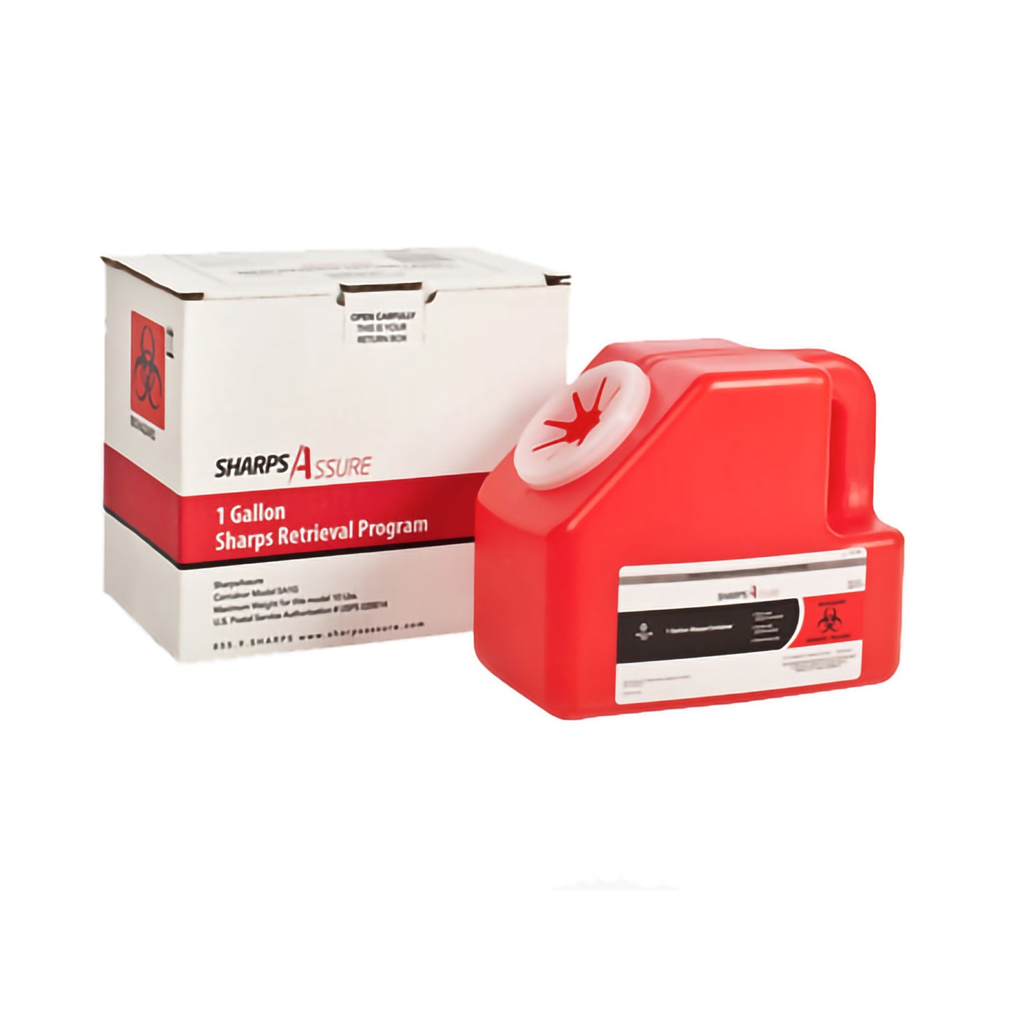 "Diabetic product: Sharps Assure Mail-Back Sharps Container, 1 Gallon, 9 x 5-1/2 x 7-3/10 Inch, designed for safe disposal of needles and sharps waste for diabetes management"