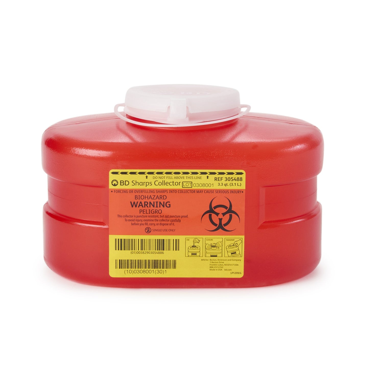"Becton Dickinson Red Sharps Container, 3-1/3 Quart, 5-3/10x 9-1/10 x 5 Inch for safe disposal of diabetic needles and other medical sharps"