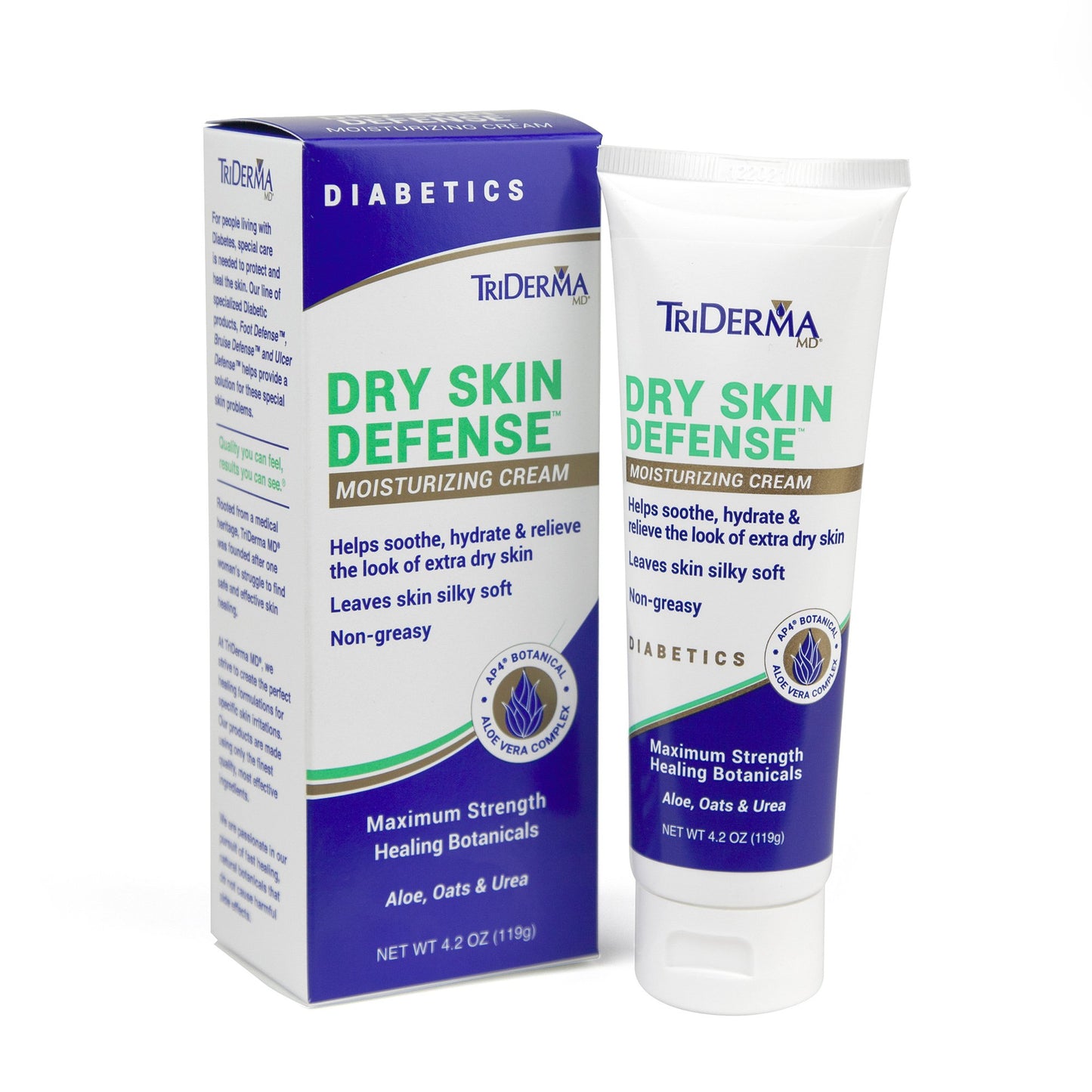 "TriDerma® MD Diabetic Dry Skin Defense™ Moisturizer: Soothing and hydrating formula for diabetic individuals with dry skin. Helps to alleviate discomfort and maintain healthy skin. Ideal for daily moisturizing and protection."