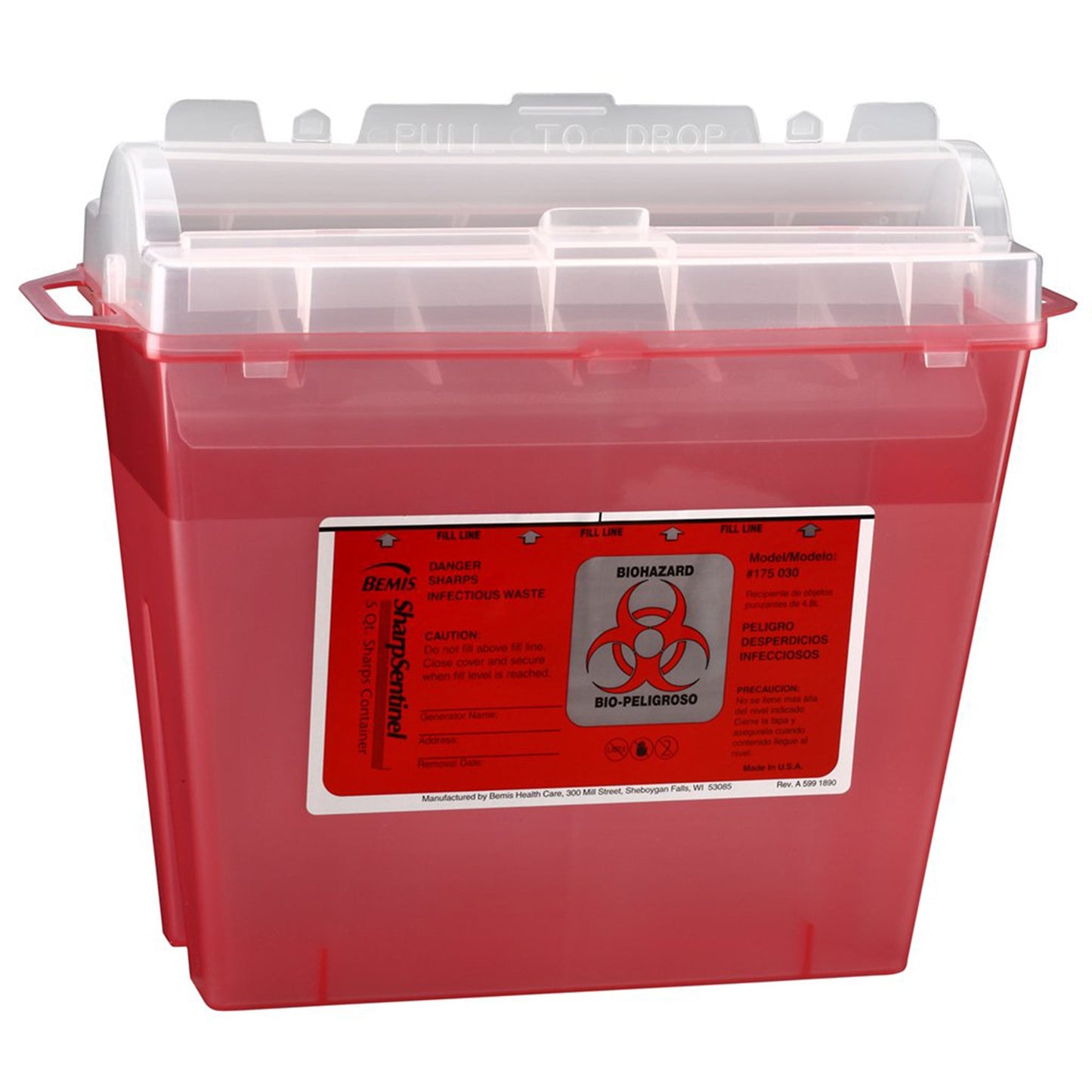 "Diabetic product: Bemis™ Sentinel Multi-purpose Sharps Container, 1-1/4 Gallon, 10 x 5-1/4 x 11 Inch, for safe disposal of needles and other medical waste"