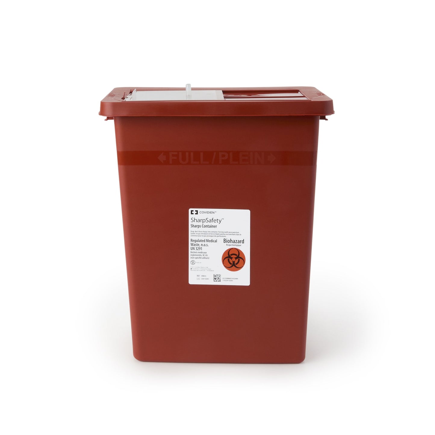 "SharpSafety™ Multi-purpose Sharps Container 8 Gallon with secure lid for safe disposal of needles and other medical sharps. Dimensions 17¾ x 11 x 15½ Inch, ideal for diabetic patients managing their sharps waste at home or in medical facilities."
