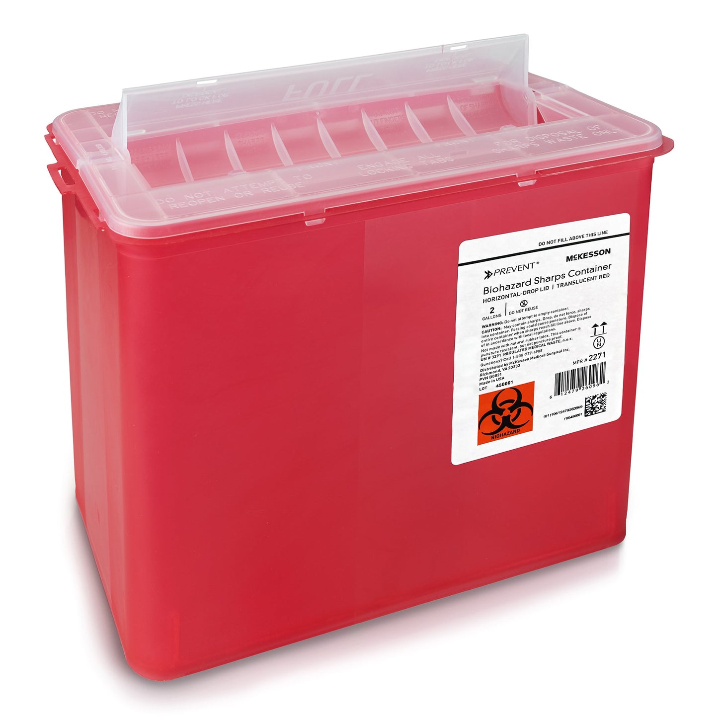 "McKesson Prevent® Sharps Container, 2 Gallon, 9-1/4 x 10 x 6 Inch, ideal for safe disposal of diabetic sharps and needles"