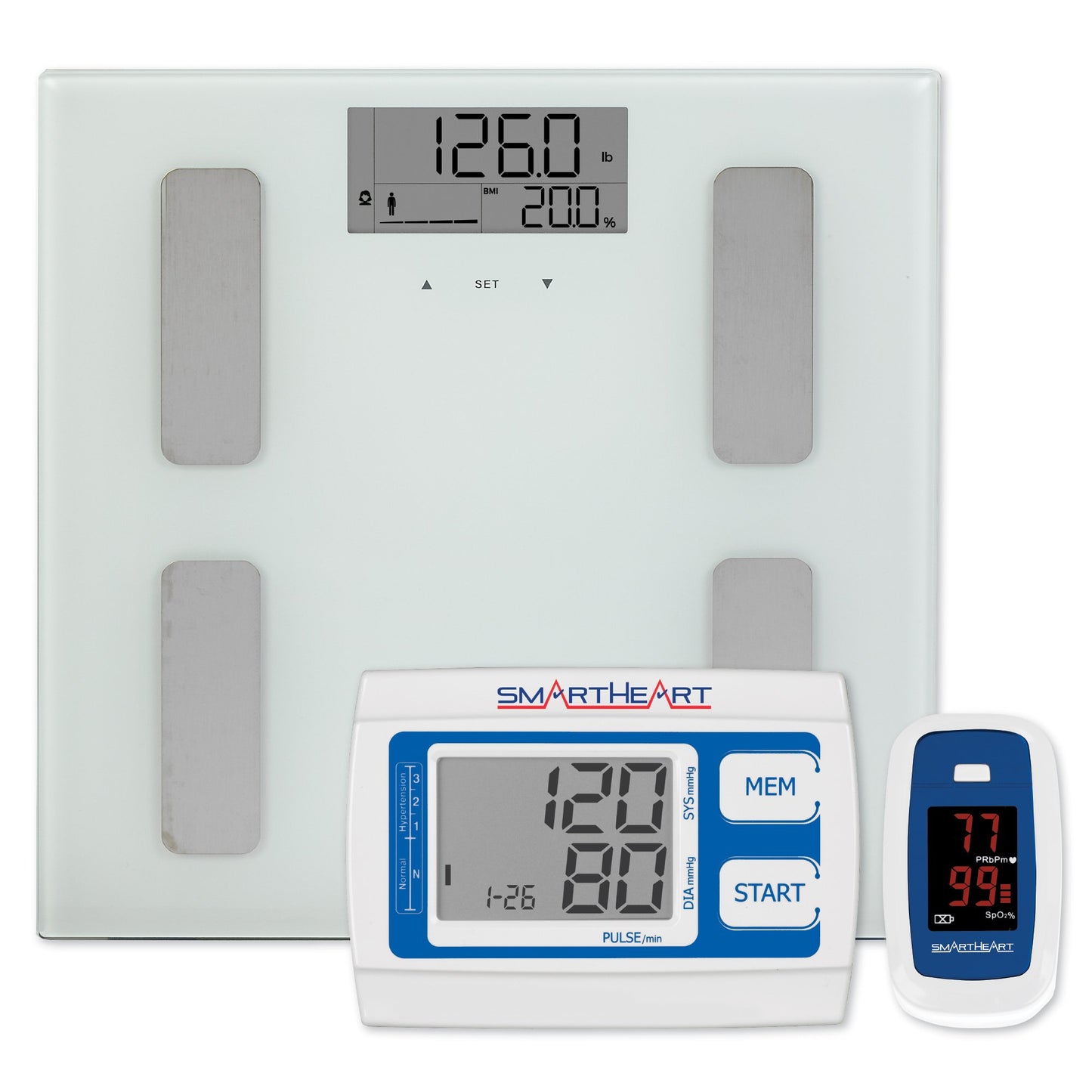 SmartHeart Heart Health Bundle 3-Piece, Scale, Blood Pressure Monitor, Pulse Oximeter