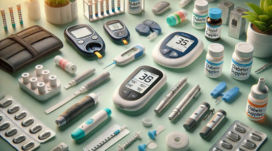 Various diabetic supplies including blood glucose meters, test strips, lancets, CGMs, and insulin pumps arranged on a clean background, highlighting essential tools for managing diabetes effectively.