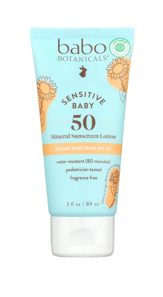 🍼 Babo Botanicals Sensitive Baby Mineral Sunscreen SPF 50 – 3 fl oz | Broad Spectrum, Fragrance-Free, Pediatrician-Tested 🌞