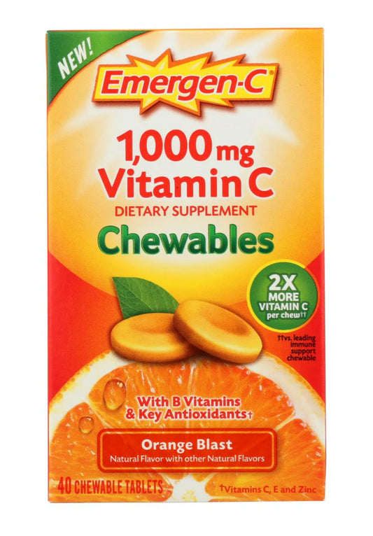 Emergen-C 1000mg Vitamin C Chewables – Orange Blast Flavor | Immune Support with B Vitamins, Zinc & Antioxidants – 40 Tablets 🍊💪